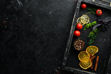 Black Stone Food Background. Cooking Ingredients. Top view. Free space for your text.