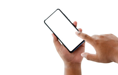 Hand pointing smartphone screen blank screen isolated on white background internet network communication concept