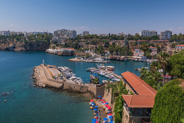 Fototapeta na wymiar Old harbor in Kaleici, Antalya, Turkey - travel background. August 2020. Long exposure picture