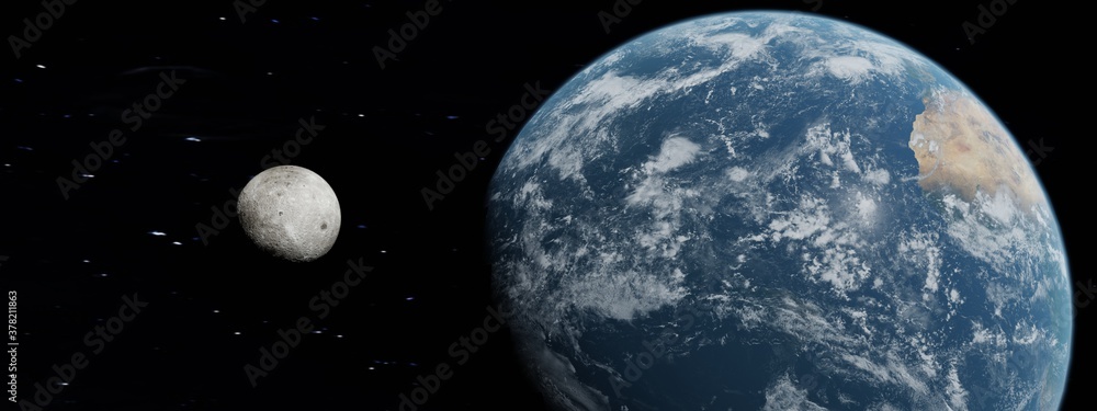 Wall mural 3d render of a panoramic earth globe on the galaxy background with moon in background. elements of t