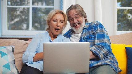 Excited senior couple read good news on laptop sitting on couch at home