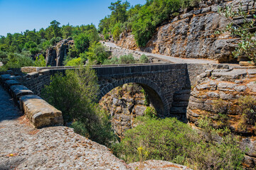 Koprulu Canyon. A view of Kopru River and Koprulu Canyon. National Park in the province of Antalya, south western Turkey. The canyon is crossed by the Roman Oluklu bridge. July 2020,long exposure shot