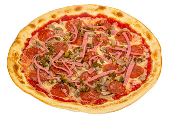 Pizza isolated on a white background: cheese, salami, capers, tomatoes, sauce