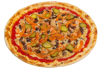 Pizza isolated on a white background: cheese, beef, cucumbers, tomatoes, sauce