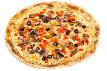 Pizza isolated on a white background: cheese, mozzarella, seafood, squid, mussels, shrimp, olives, tomatoes, sauce