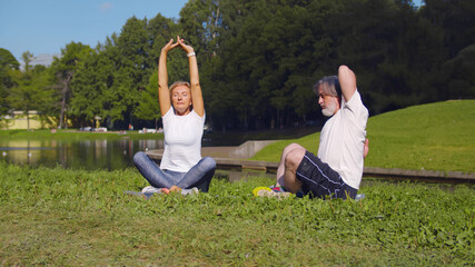 Senior couple doing sport and physical exercises outdoor.