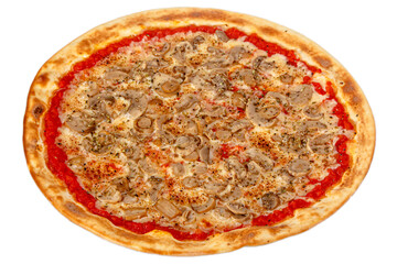 Pizza isolated on a white background: cheese, mozzarella, mushrooms, mushrooms, Basil, pepper