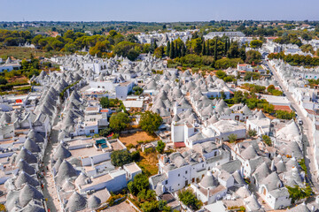 Aerial view of the traditional trulli houses in Arbelobello, province Bari, region Puglia, Italy