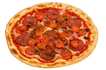 Pizza isolated on a white background: cheese, mozzarella, salami, chorizo, capers, olives, Basil