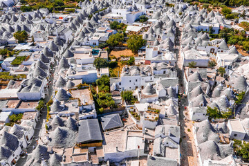 Aerial view of the traditional trulli houses in Arbelobello, province Bari, region Puglia, Italy