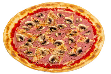 Pizza isolated on a white background: cheese, fresh mushrooms, mozzarella, bacon, ham, Basil