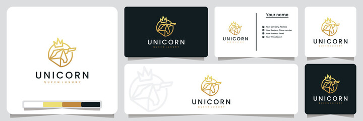 unicorn king ,crown , with line art style and gold color, logo design inspiration