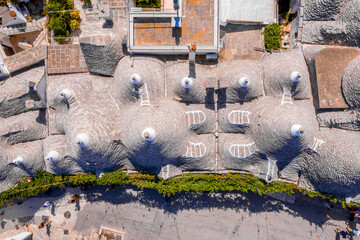 Aerial view of the traditional trulli houses in Arbelobello, province Bari, region Puglia, Italy