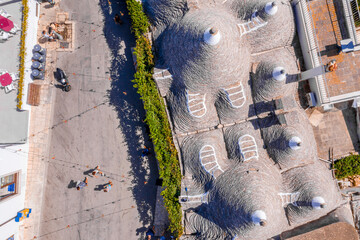 Aerial view of the traditional trulli houses in Arbelobello, province Bari, region Puglia, Italy