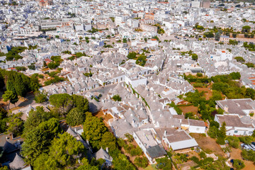 Aerial view of the traditional trulli houses in Arbelobello, province Bari, region Puglia, Italy