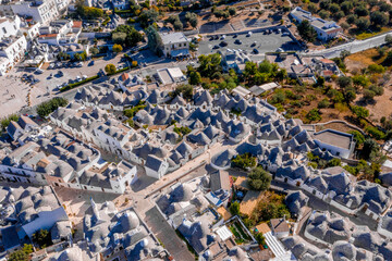 Aerial view of the traditional trulli houses in Arbelobello, province Bari, region Puglia, Italy