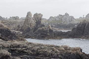 Rock in the fog, at the Pointe de Pern on Ouessant Island in Brittany