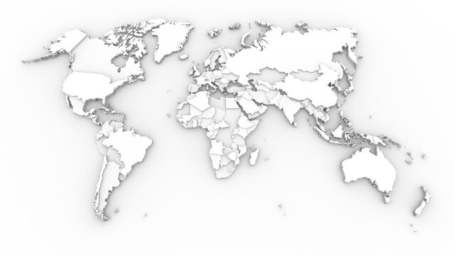 World map with raised continents and countries on a white background. 3d render