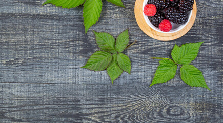 Fototapeta na wymiar ripe blackberry with leaves on on dark blue wooden background banner
