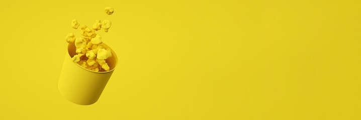 3d render of monochrome yellow popcorn box. Levitation food. web banner. Cinema snack concept 