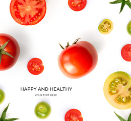 Creative layout made of tomato on the white background. Flat lay. Food concept. Tomato on the white background.