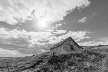 View of the wooden hut at the foot of Thorncombe Beacon on the southwest coastpath in Dorset