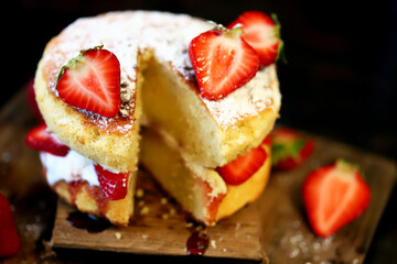 Macro. Victoria sponge cake. Delicious strawberry sponge cake.