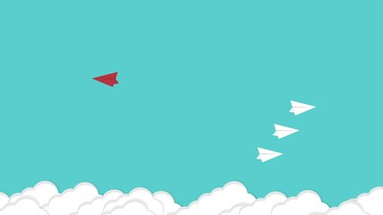 Think differently concept. Be different. Red airplane changing direction. New idea, change, trend, courage, creative solution, innovation and unique way concept. Animation.