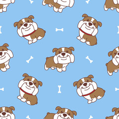 Cute english bulldog cartoon seamless pattern, vector illustration