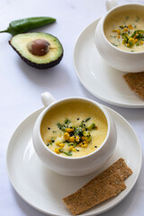 Chilled sweetcorn soup with avocado and coriander salsa