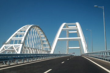 Arches of the Crimean bridge connecting the banks of the Kerch Strait: Taman and Kerch, Crimea. Russia