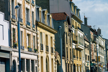 View of the facade of a historical building located in Reims, a city in the Grand Est region of France and one of the oldest in Europe