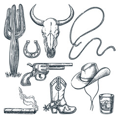 Wild West vintage symbols. Vector hand drawn sketch illustration. Cowboy hat. boots, cow skull. gun icons - 378220447