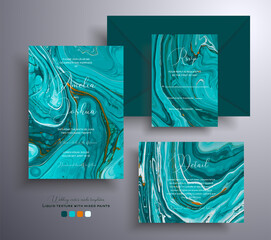 Set of acrylic wedding invitations with stone texture. Mineral vector cards with marble effect and swirling paints, turquoise, white and orange colors. Designed for greeting cards, packaging and etc