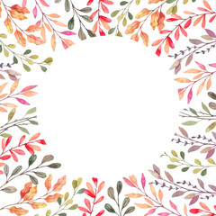 Obraz premium Hand drawn watercolor vector illustration. Background with Fall leaves. Forest design elements. Hello Autumn! Perfect for wedding invitations, greeting cards, blogs, prints and more