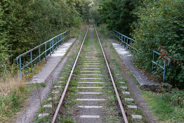 Viaduct with railings for old railway tracks. Old overgrown railway traction.
