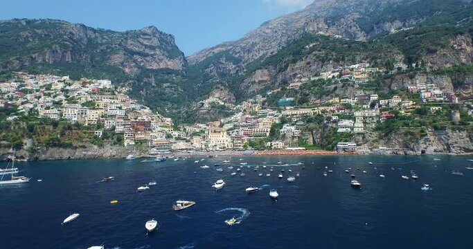 Italian town along Amalfi Coast, wide aerial