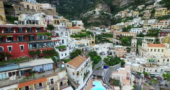 Mountain town along Amalfi Coast, aerial
