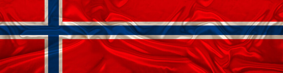Obraz premium long panorama of the national flag of the state of Norway on beautiful silk, the concept of tourism, emigration, economy, politics, global world trade, civil rights, freedoms
