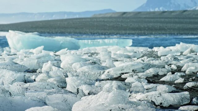 Close up, icebergs on Okulsarlon Beach in Iceland