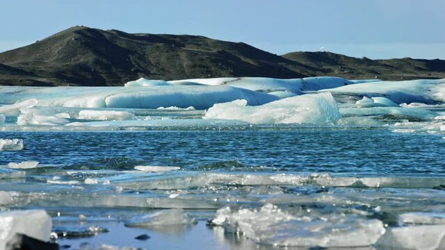 Wide, icebergs floating in Iceland