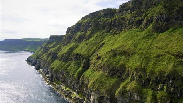 Aerial, coastal cliffs in Ireland