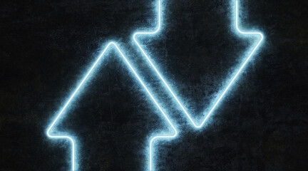 two neon arrow shaped line on black concrete background