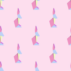 Seamless pattern with figures of multicolored origami rabbits on pink bacground. Vector illustration