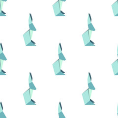 Seamless pattern with figures of blue origami rabbits on white background. Vector illustration