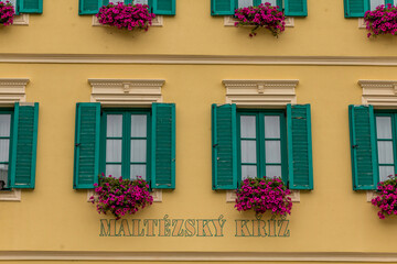 Windows and building facades in the streets of Karlovy Vary, Czechia