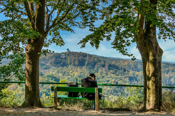 person sitting on a bench watching the moutain view