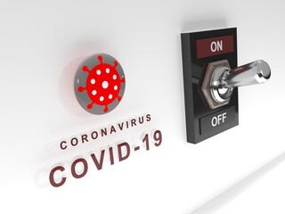 Covid-19 toggle switch on. Concept of the remote control of the coronavirus. Virus tumbler switch on white panel. Concept of artificial origin of the 2019-nCoV. Conspiracy theory. 3d rendering