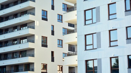 Contemporary residential building exterior in the daylight. Modern apartment buildings on a sunny day with a blue sky. Facade of a modern apartment building