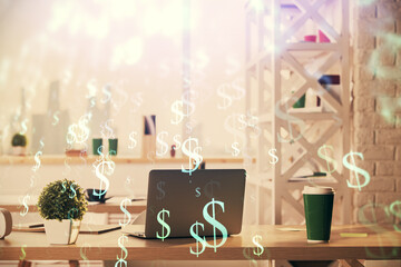 Double exposure of stock market graph drawing and office interior background. Concept of financial analysis.